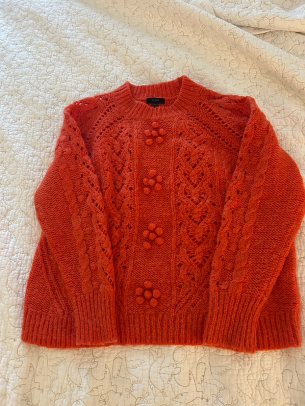 J. Crew Orange Cable-Knit Pom Detail Crewneck Sweater